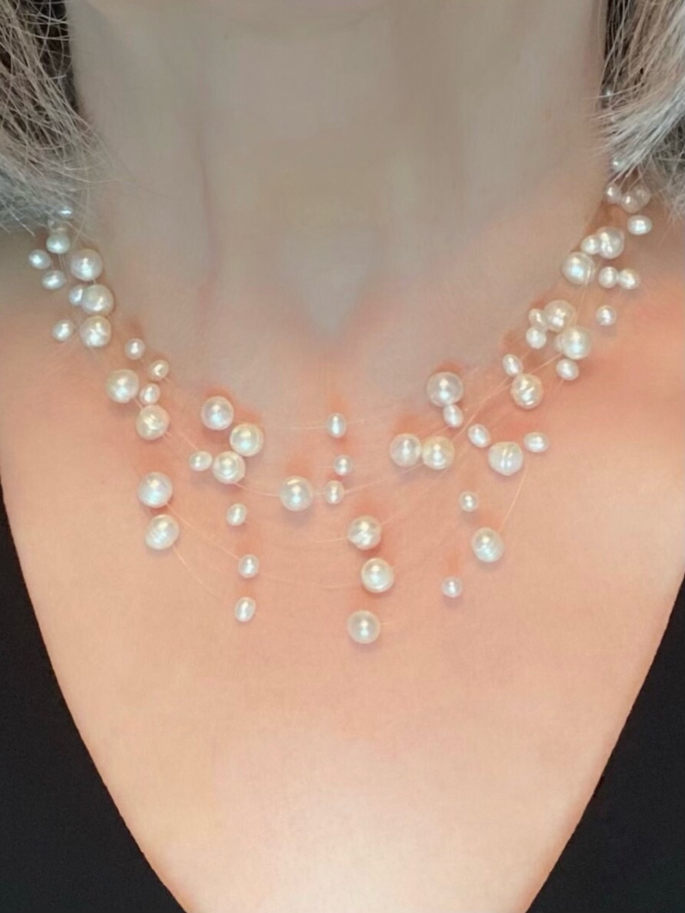 Seven Layer Freshwater Floating Pearl Necklace - 925 Silver Clasp